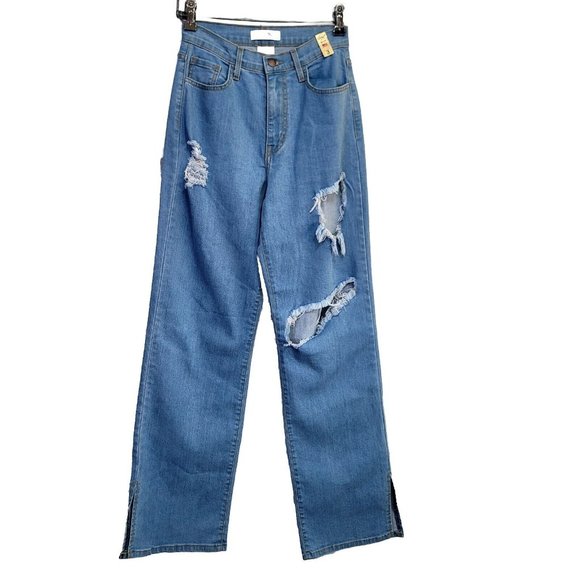 Vibrant MIU Jrs 3 W25 L32 Thrashed Ripped Wide Leg Hi Waisted Jeans Light Demin - Picture 1 of 7